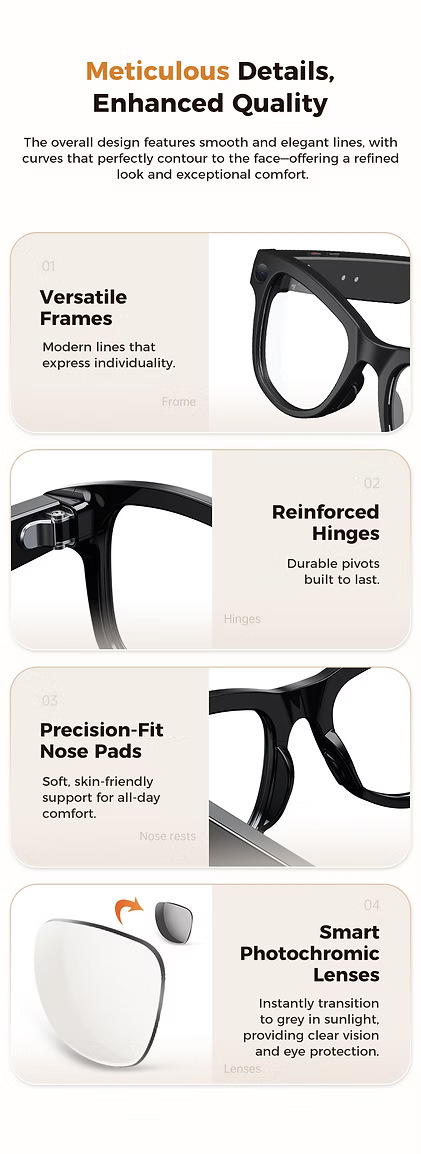 SMARTON smart glasses detailed breakdown — versatile frames, reinforced hinges, precision-fit nose pads, and smart photochromic lenses