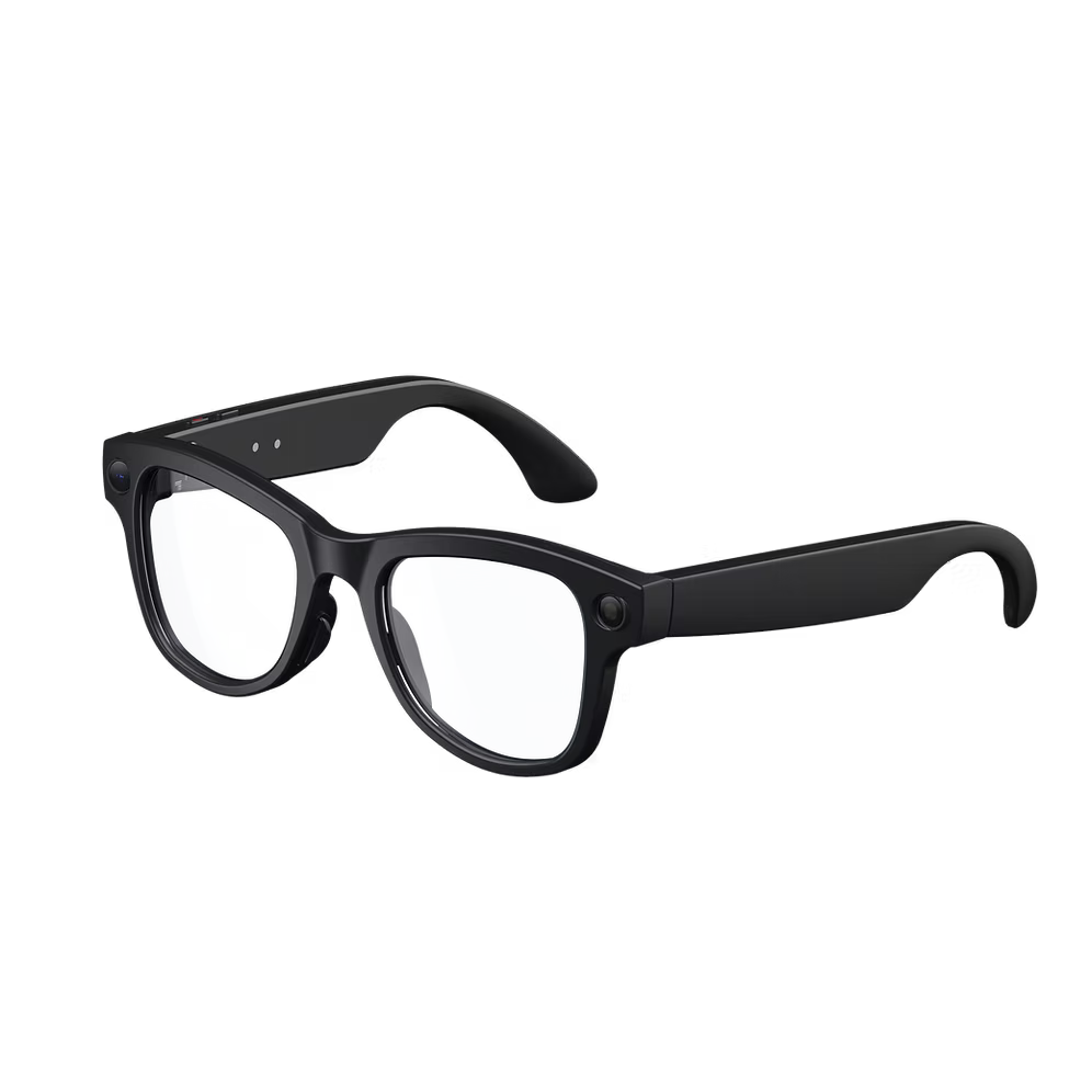 SMARTON AI camera smart glasses — black lightweight frame with integrated camera and dual speakers