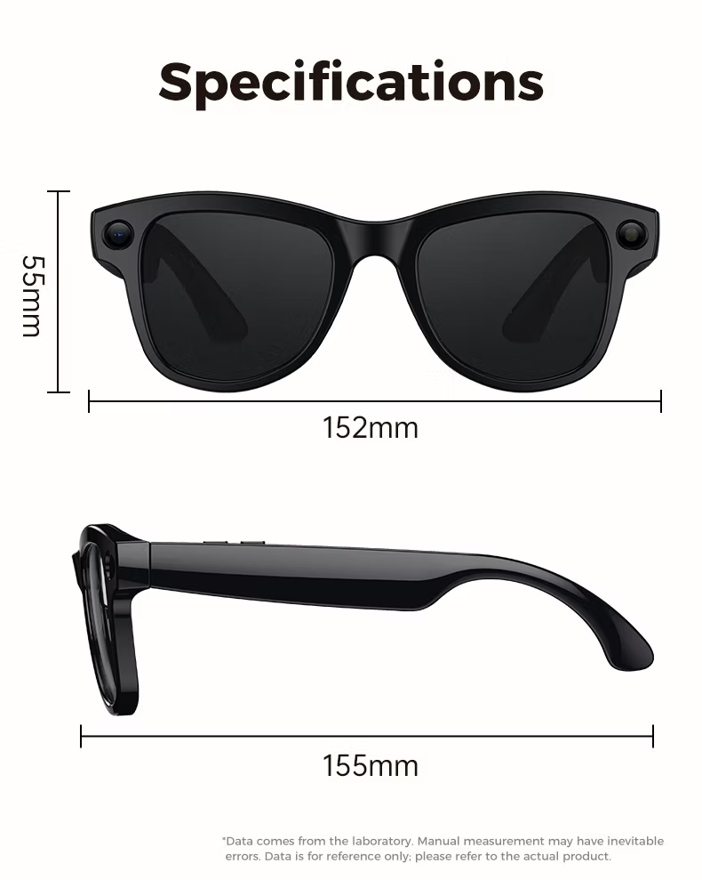 SMARTON smart glasses dimensions — 152mm wide, 55mm tall, 155mm temple length, front and side view