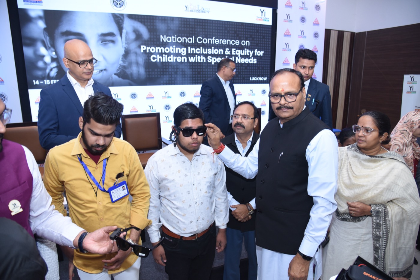 Hon'ble Deputy Chief Minister of Uttar Pradesh trying the SMARTON smart glasses at the National Conference on Promoting Inclusion & Equity for Children with Special Needs, Lucknow